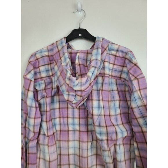 Hem and Thread Womens Hooded Shirt Large Purple Plaid Deep Dye Button Up BOHO - Picture 4 of 8